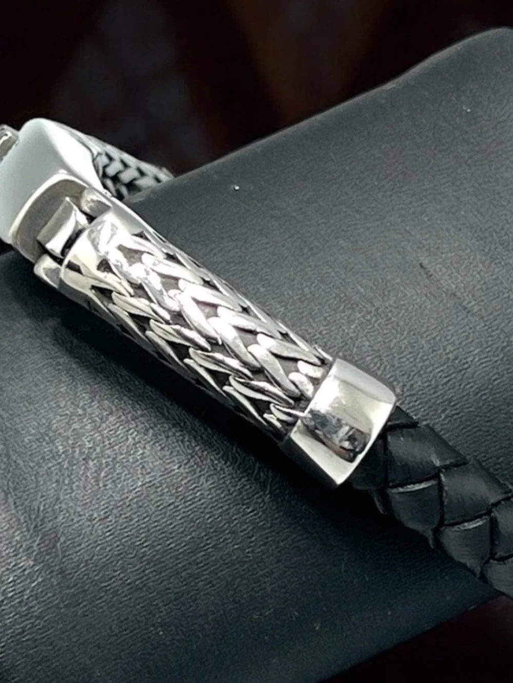 LEGACY for MEN by Simone I. Smith Black Leather Bracelet in Stainless Steel. NWT